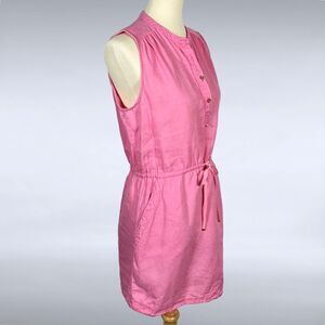Juicy Couture Womens Mini Dress M Pink Linen Sleeveless Gold Buttons Drawstring